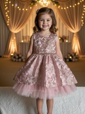 Rare Editions Pink Metallic Floral Jacquard Party Dress with Tulle